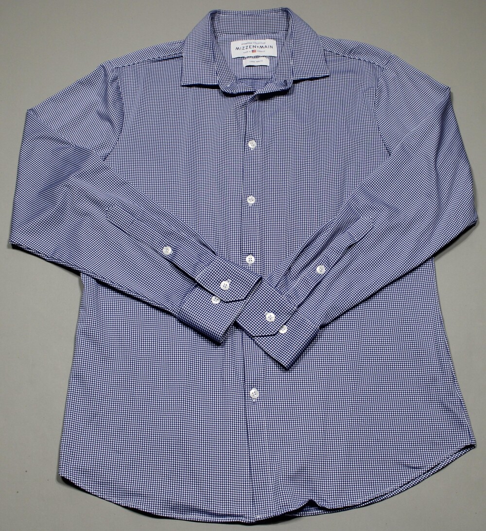 Mizzen+Main Spinnaker Shirt Mens Large Blue Check Trim Fit Performance USA